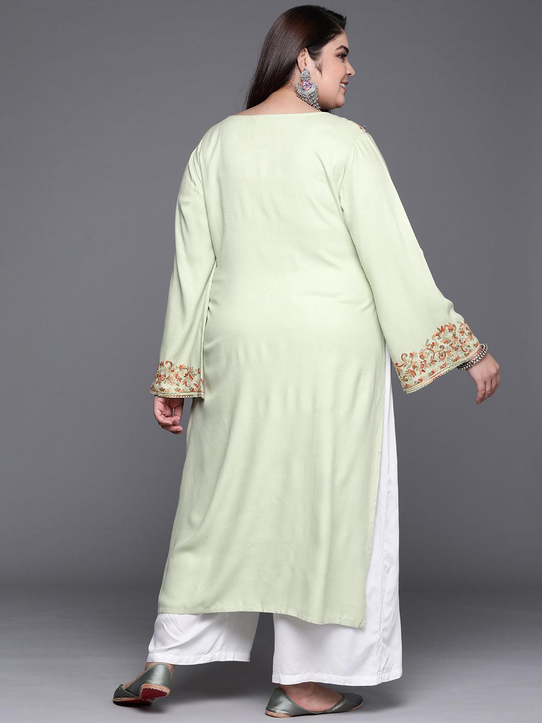 Plus Size Green Embroidered Wool Kurta - ShopLibas