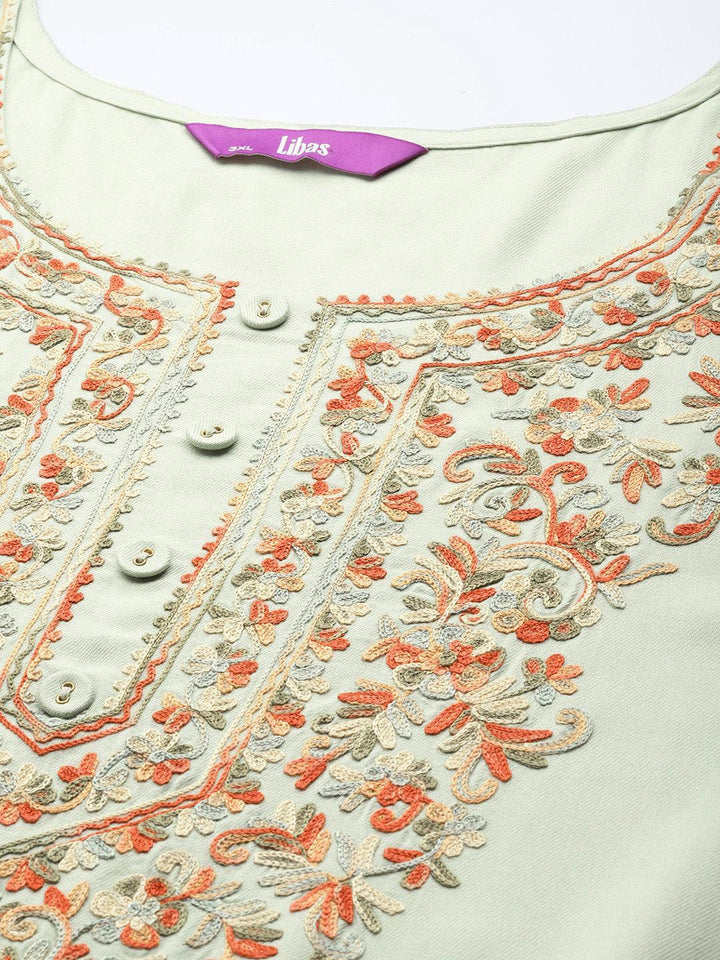 Plus Size Green Embroidered Wool Kurta - ShopLibas
