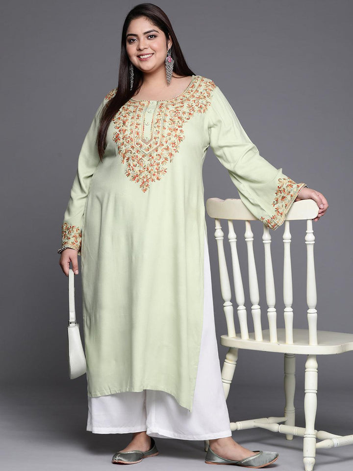 Plus Size Green Embroidered Wool Kurta - ShopLibas