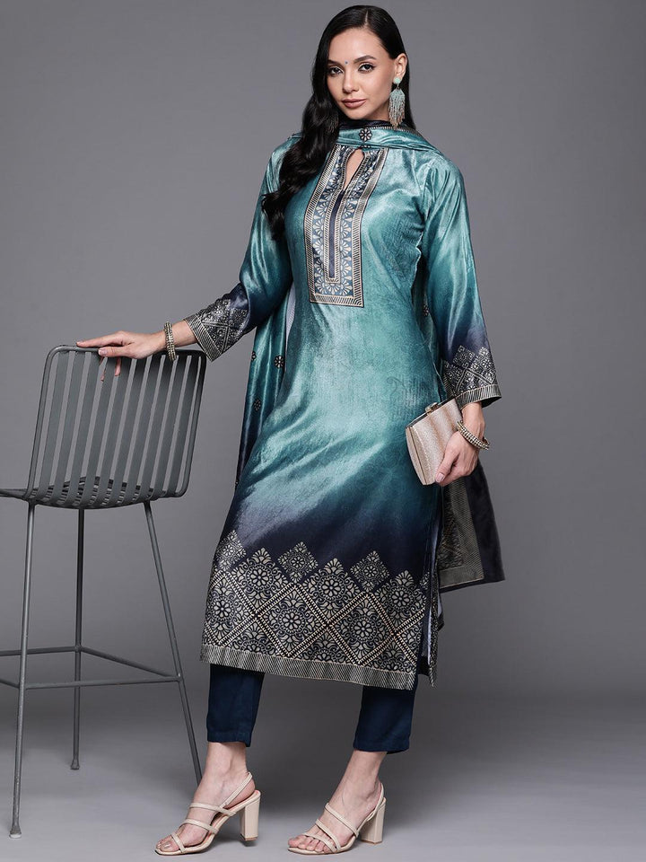 Blue Printed Velvet Suit Set - ShopLibas