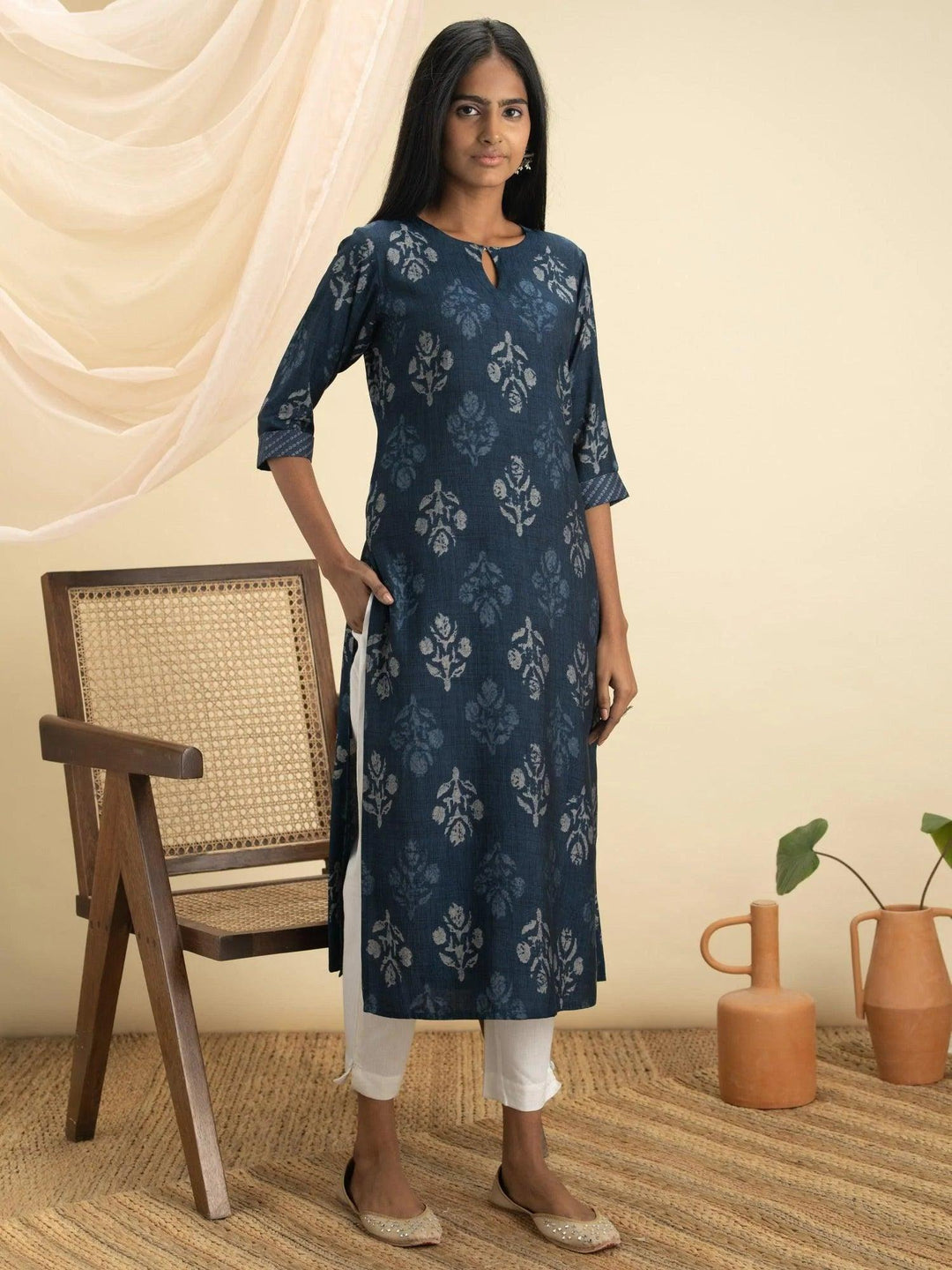 Indigo Printed Rayon Kurta - ShopLibas