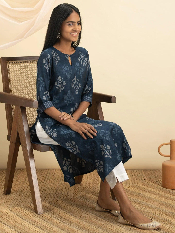 Indigo Printed Rayon Kurta - ShopLibas