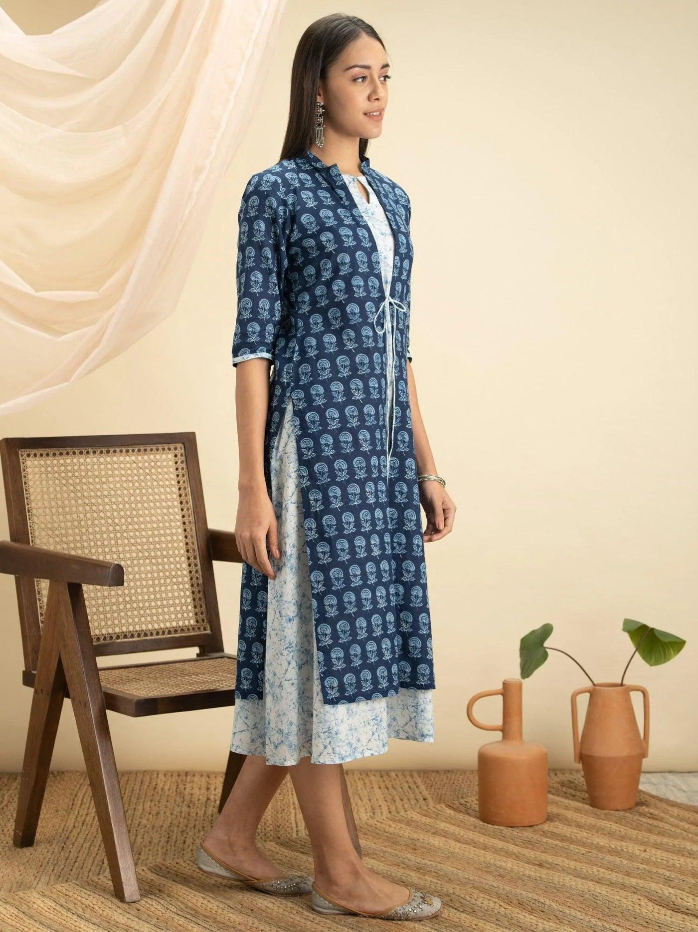 Indigo Printed Cotton Dress With Jacket - ShopLibas