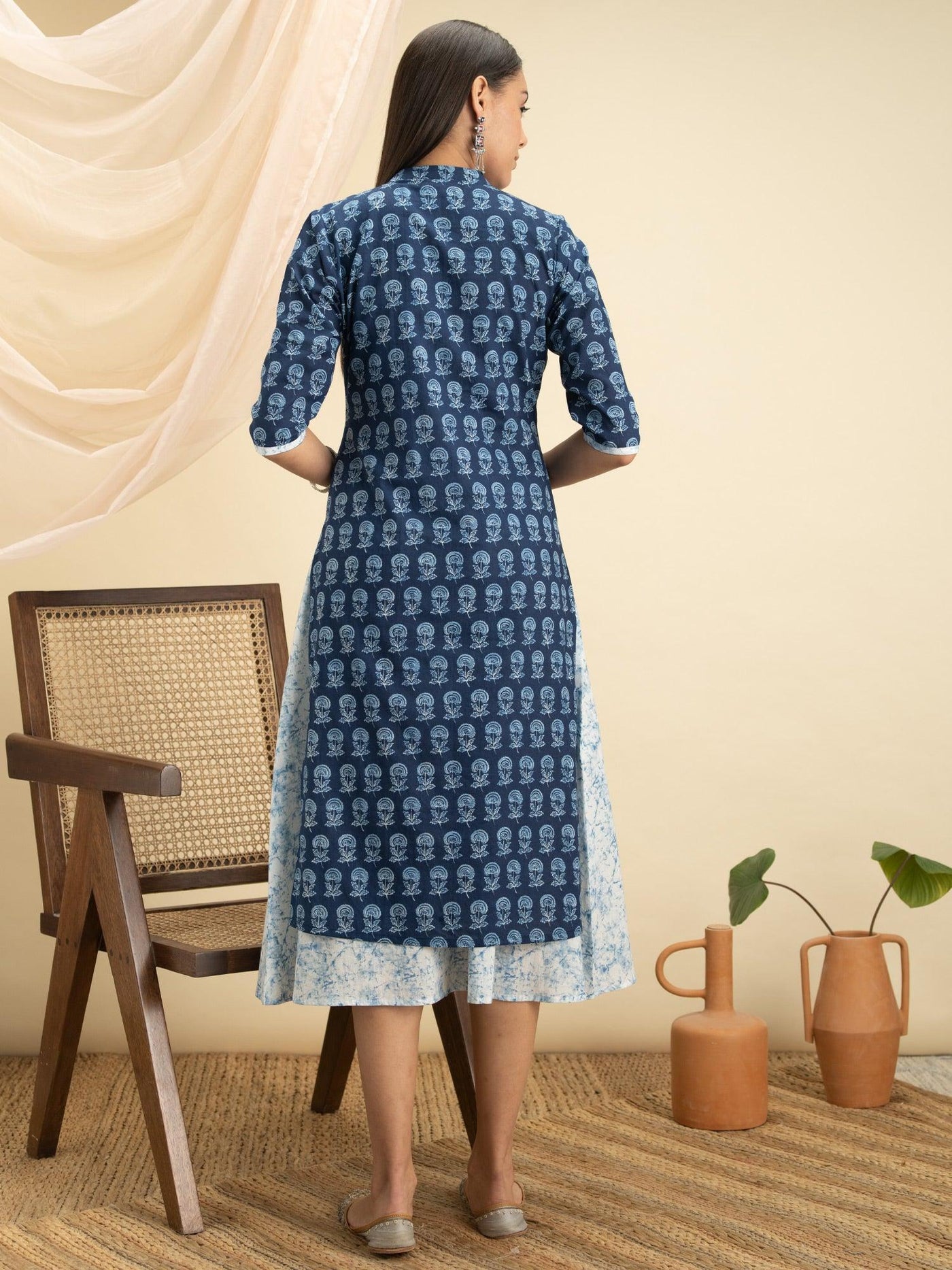Indigo Printed Cotton Dress With Jacket - ShopLibas