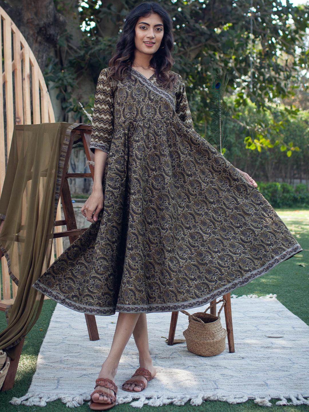 Olive Green Printed Cotton Dress - ShopLibas