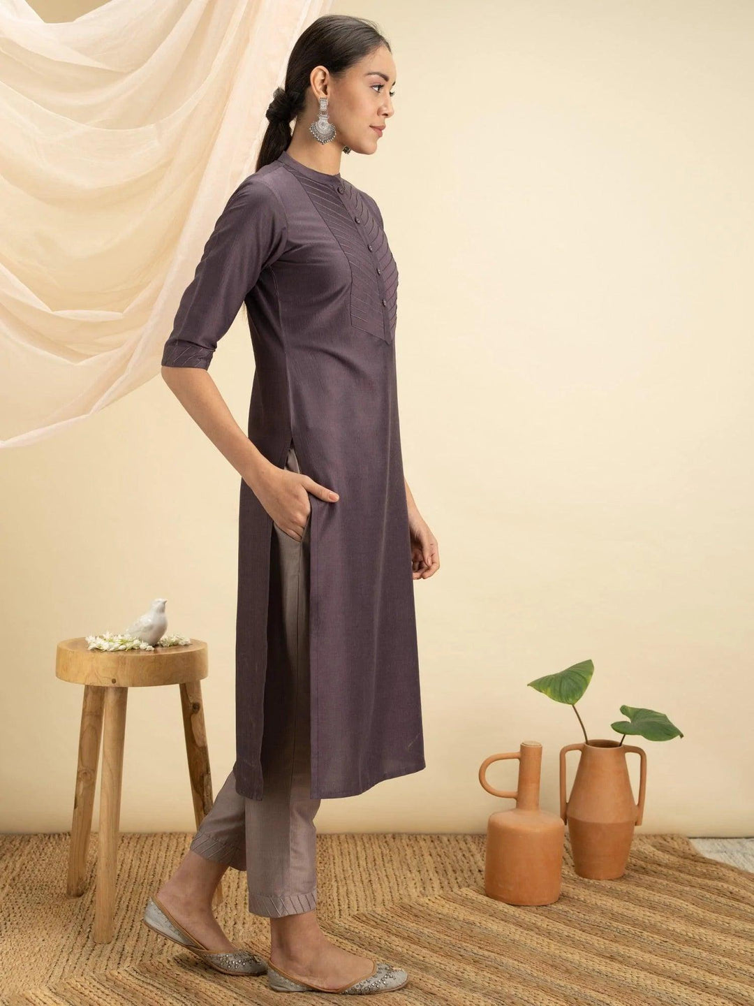 Purple Solid Silk Kurta - ShopLibas 