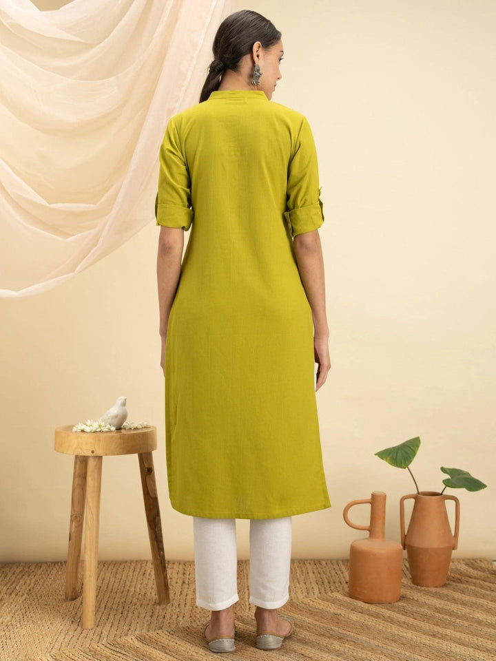 Green Solid Cotton Kurta - ShopLibas