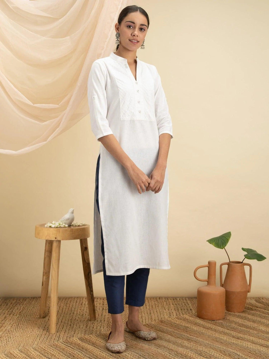White Solid Cotton Kurta - ShopLibas