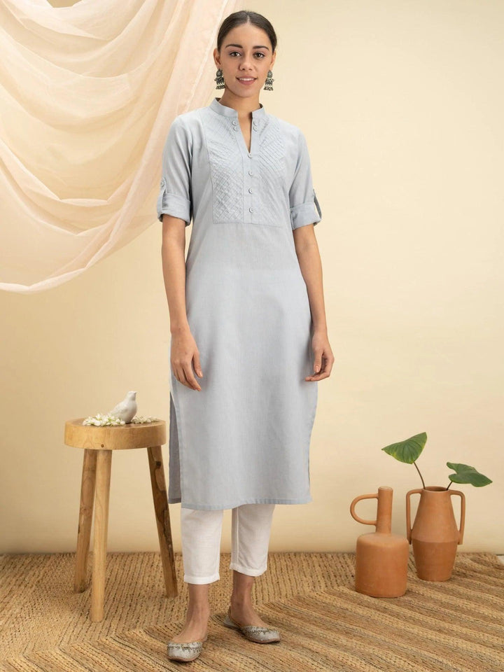 Grey Solid Cotton Kurta - ShopLibas
