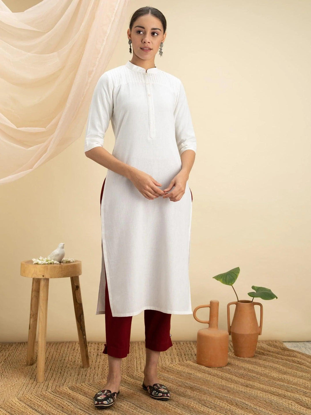 White Solid Cotton Kurta - ShopLibas