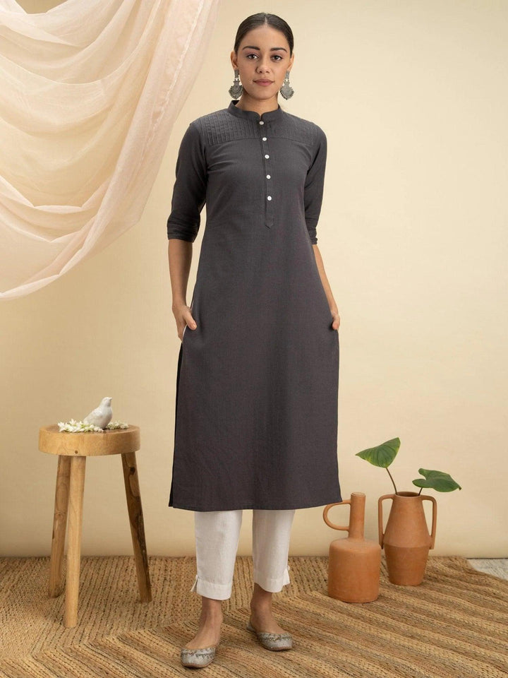 Grey Solid Cotton Kurta - ShopLibas