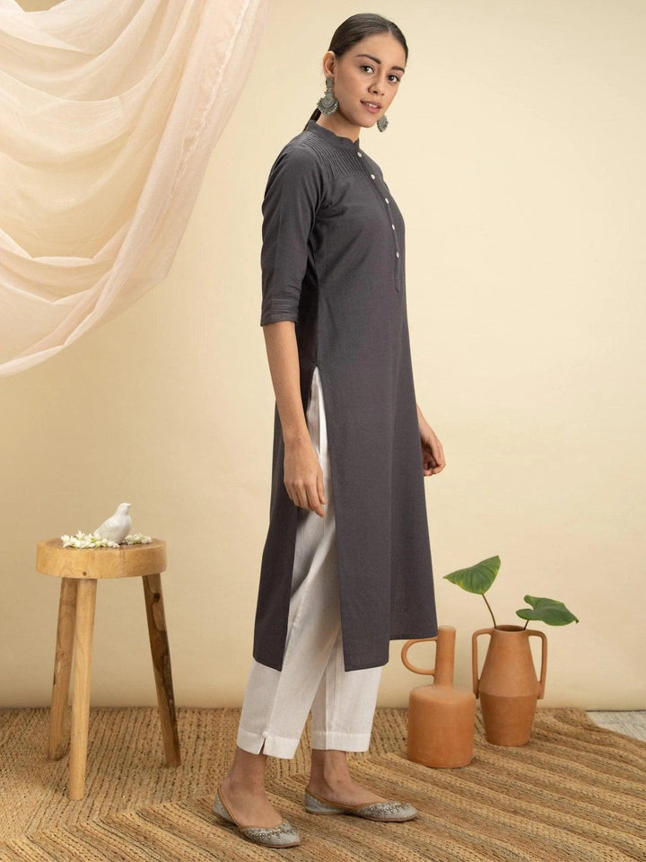 Grey Solid Cotton Kurta - ShopLibas