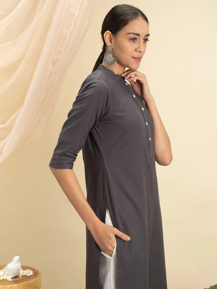 Grey Solid Cotton Kurta - ShopLibas