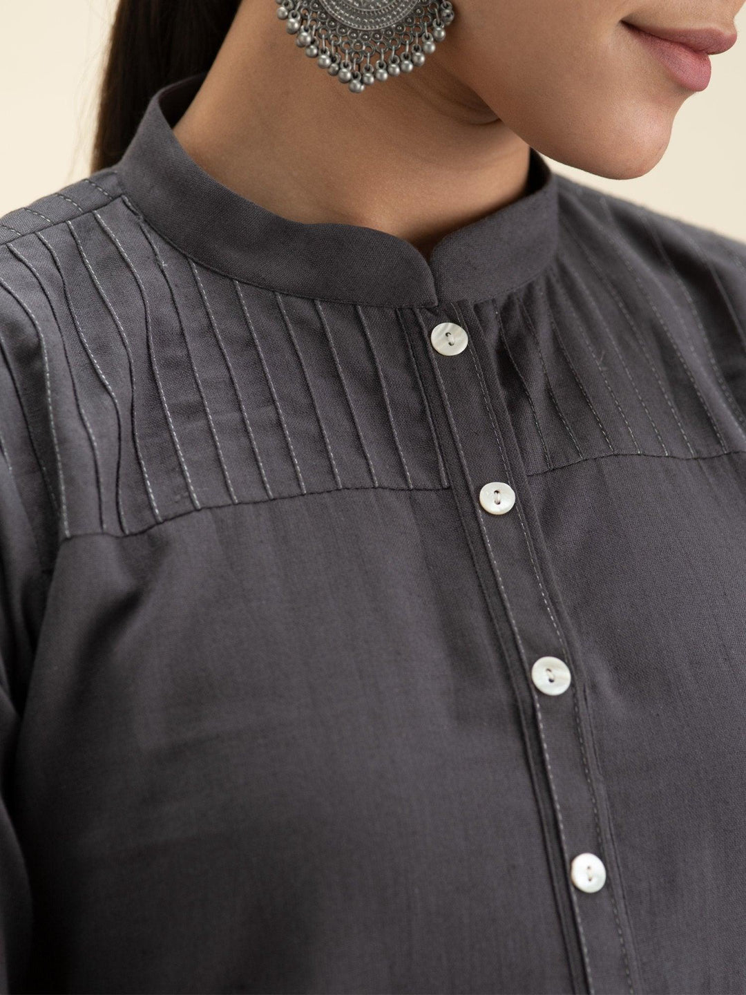 Grey Solid Cotton Kurta - ShopLibas