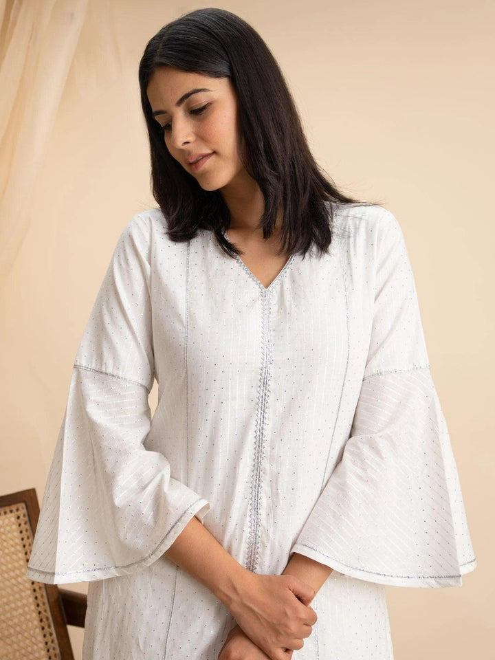 White Woven Design Cotton Kurta - ShopLibas