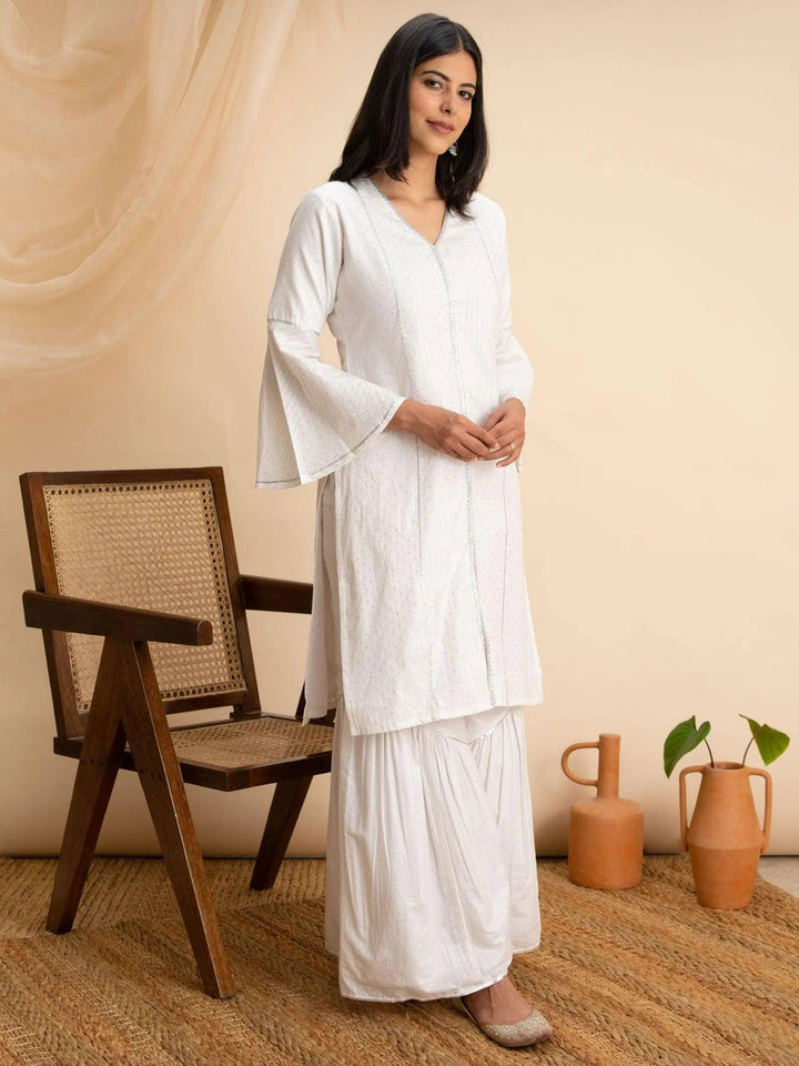 White Woven Design Cotton Kurta - ShopLibas
