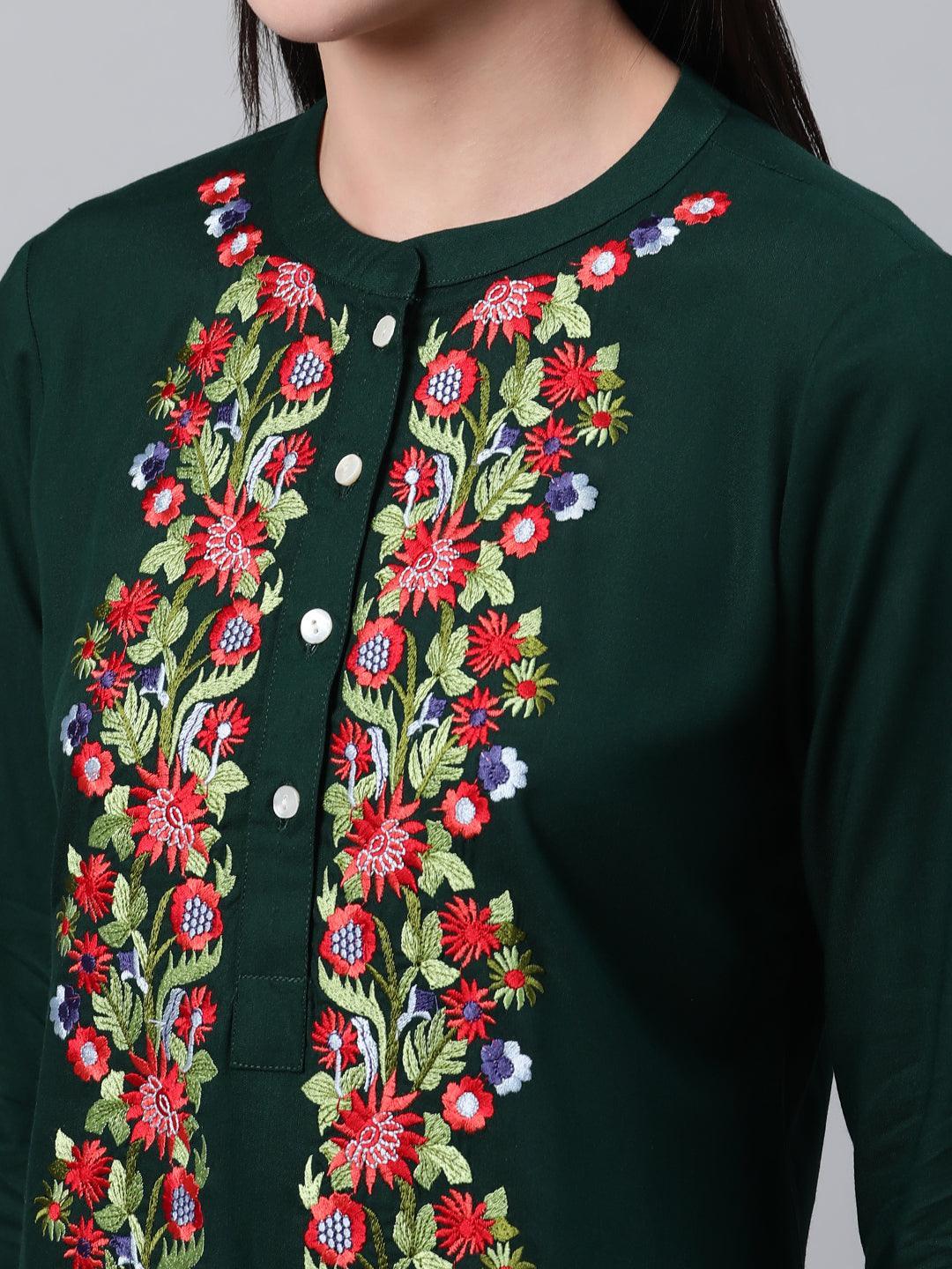 Green Embroidered Rayon Kurti - ShopLibas