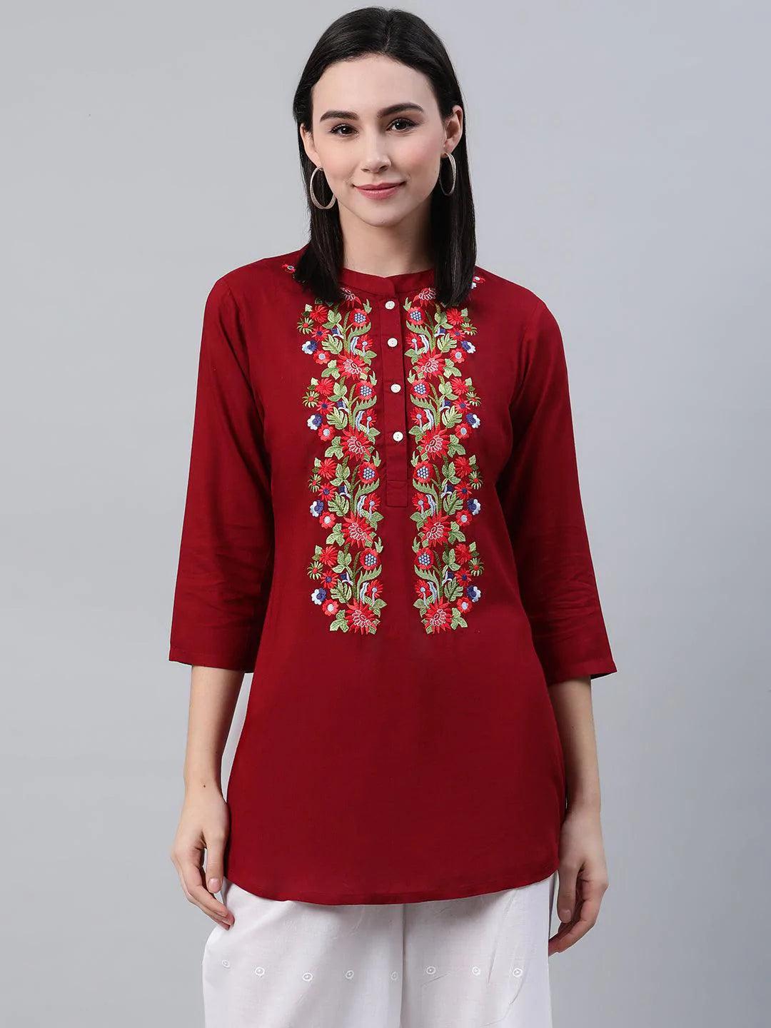 Maroon Embroidered Rayon Kurti - ShopLibas