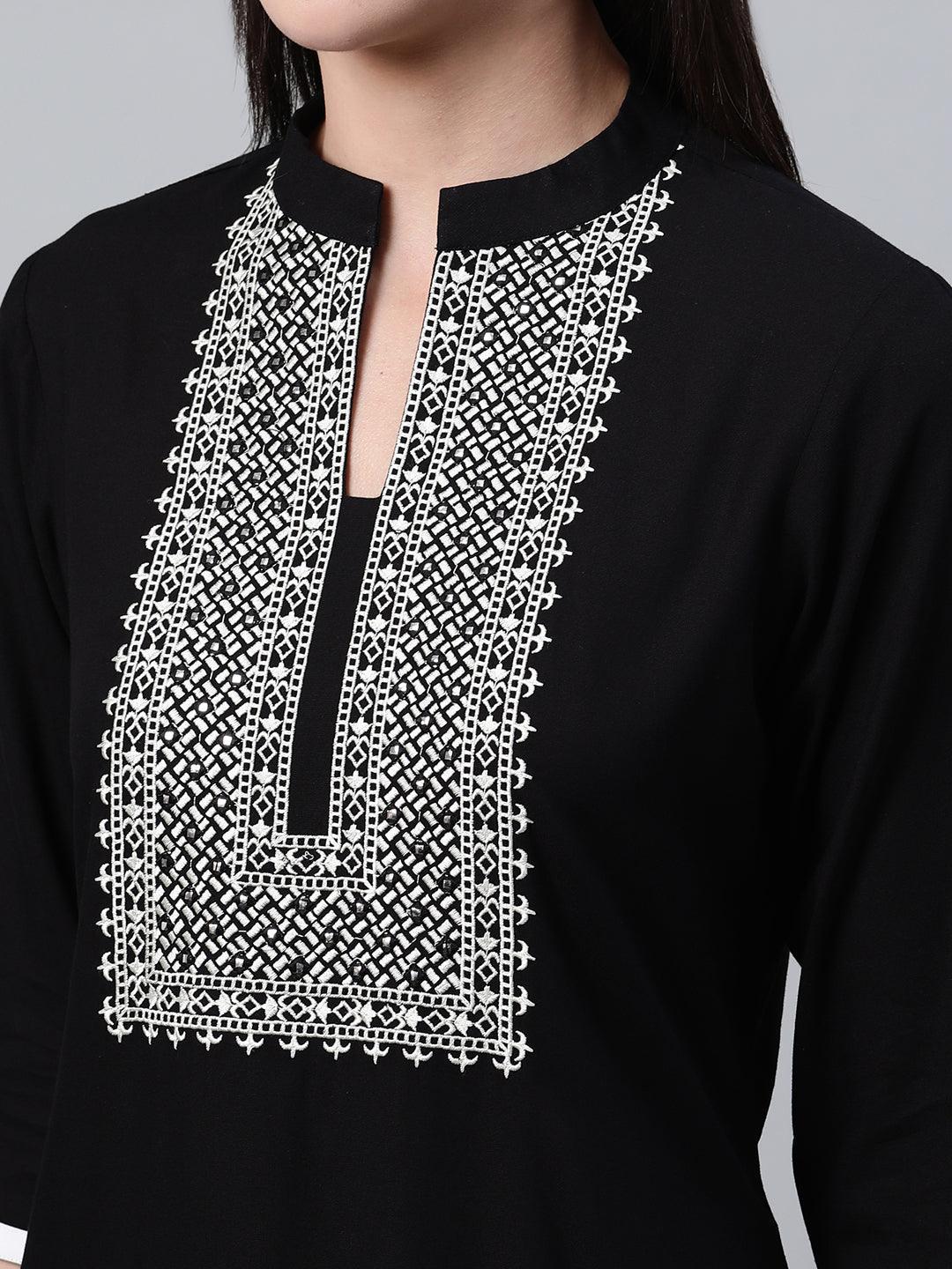 Black Embroidered Rayon Kurta - ShopLibas