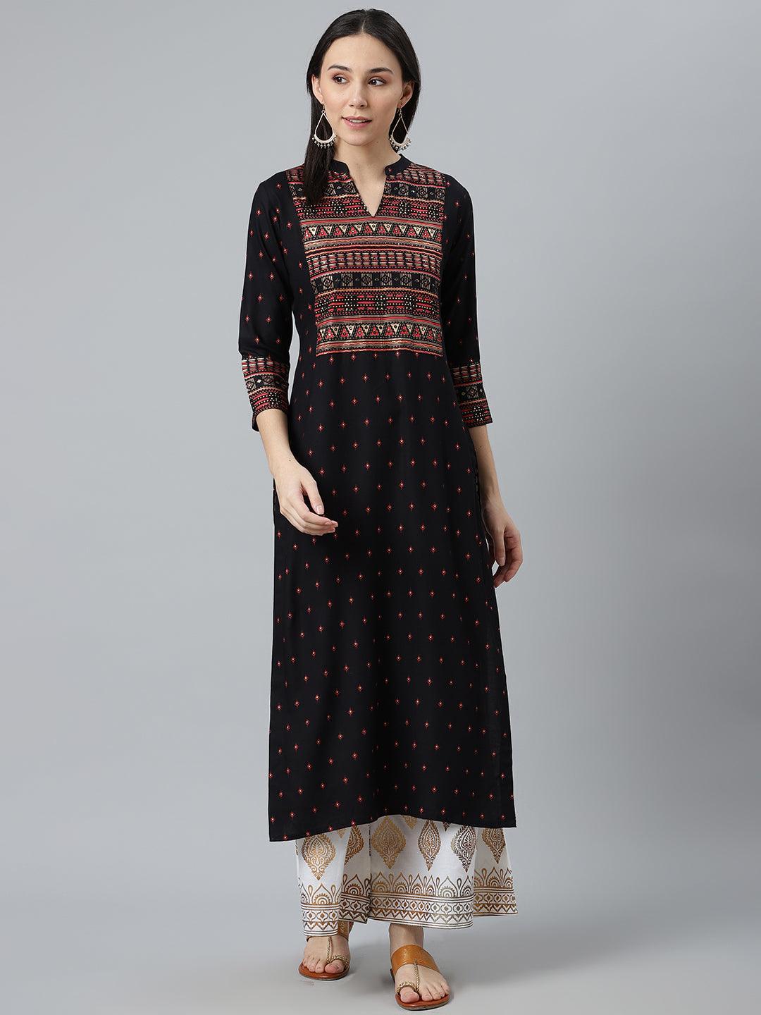 Black Printed Rayon Kurta - ShopLibas
