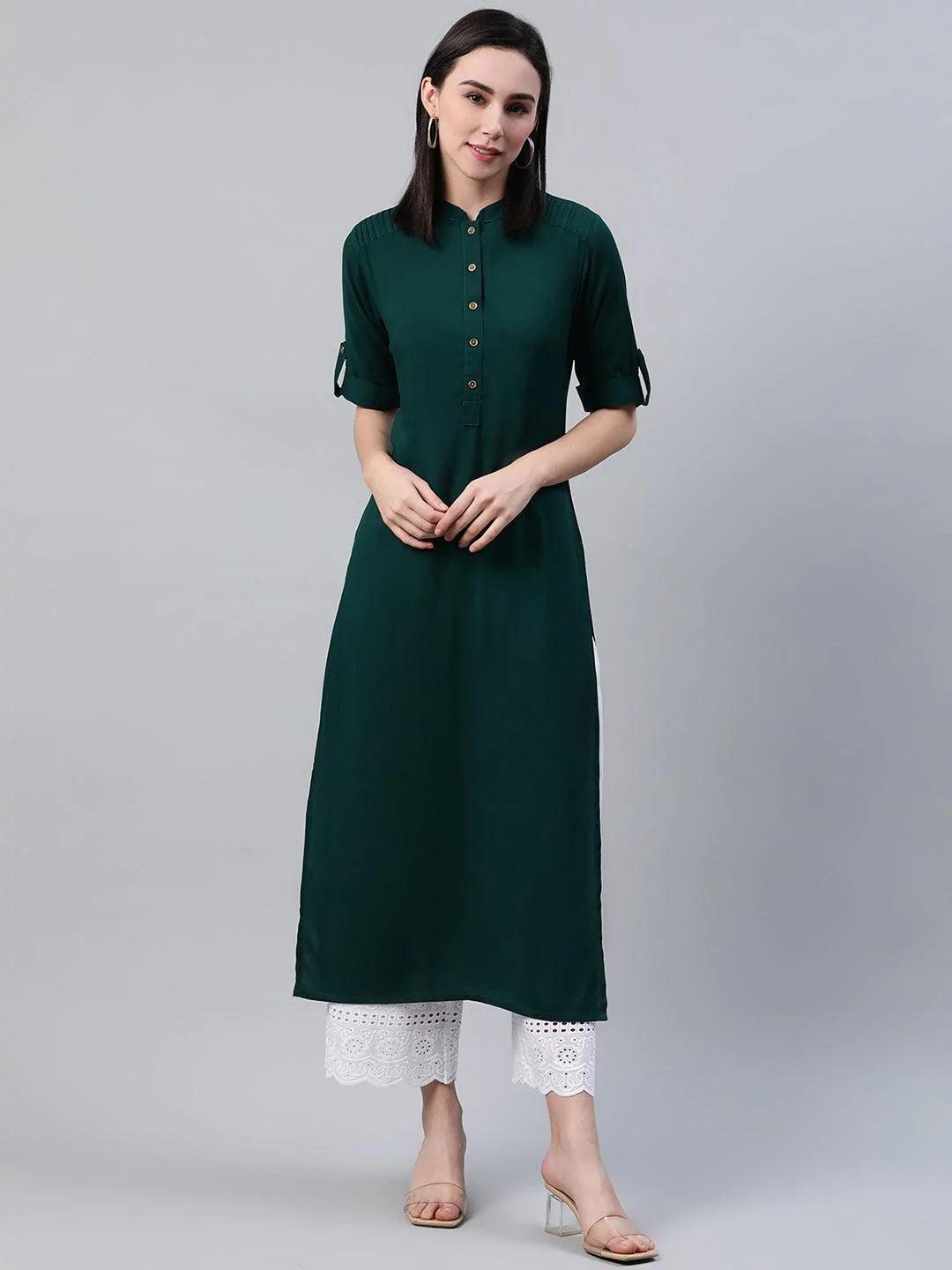Green Solid Rayon Kurta - ShopLibas