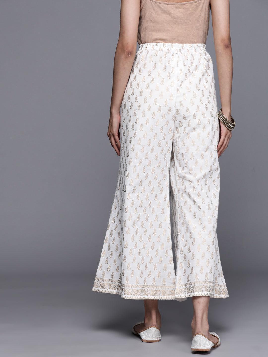 White Printed Cotton Palazzos - ShopLibas 