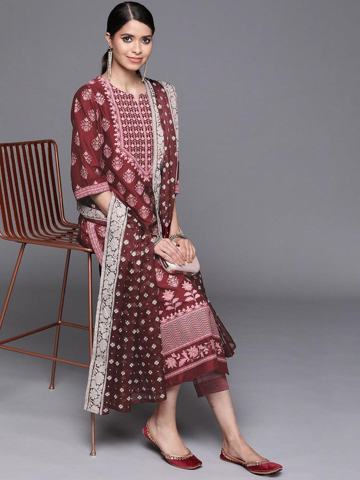 Maroon Printed Silk Blend Suit Set - ShopLibas