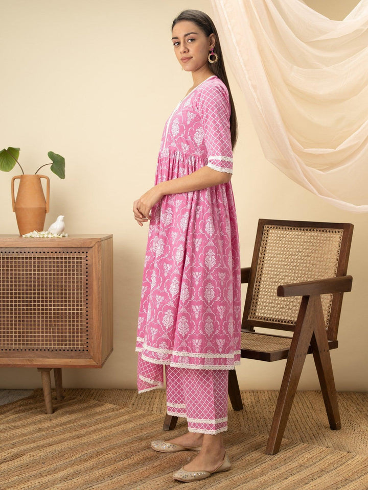 Pink Printed Cotton Suit Set