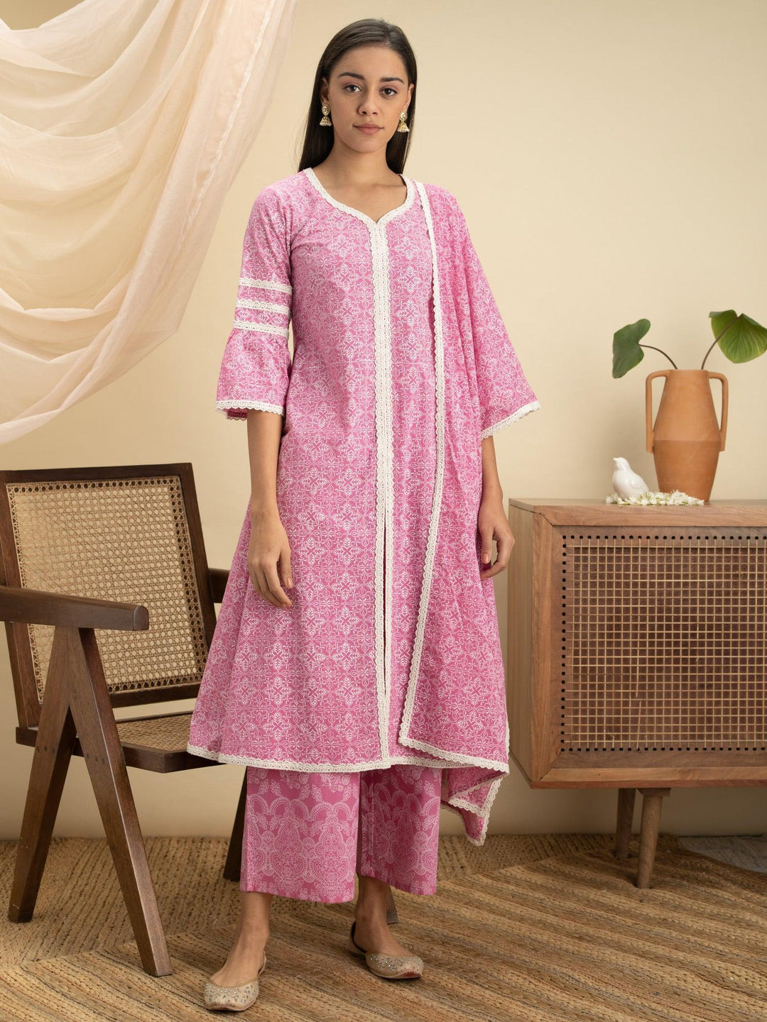Pink Printed Cotton A-Line Suit Set - ShopLibas