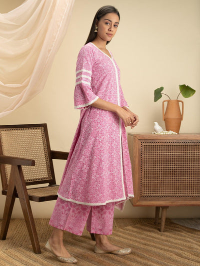 Pink Printed Cotton A-Line Suit Set - ShopLibas