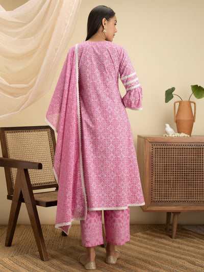 Pink Printed Cotton A-Line Suit Set - ShopLibas