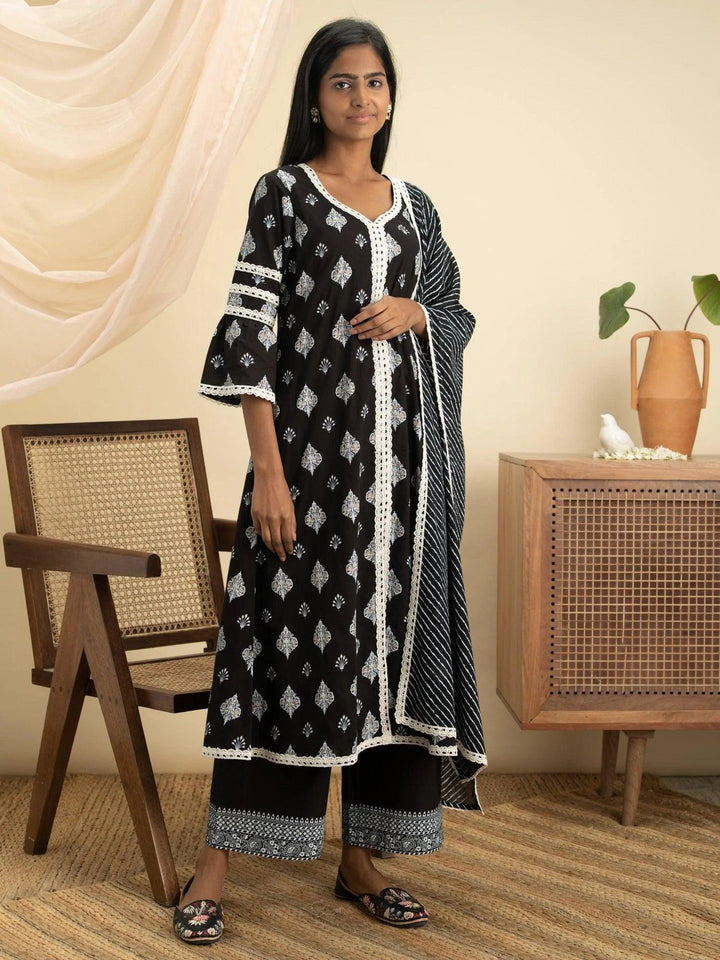 Black Printed Cotton Suit Set - ShopLibas