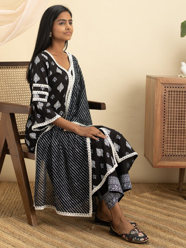 Black Printed Cotton Suit Set - ShopLibas