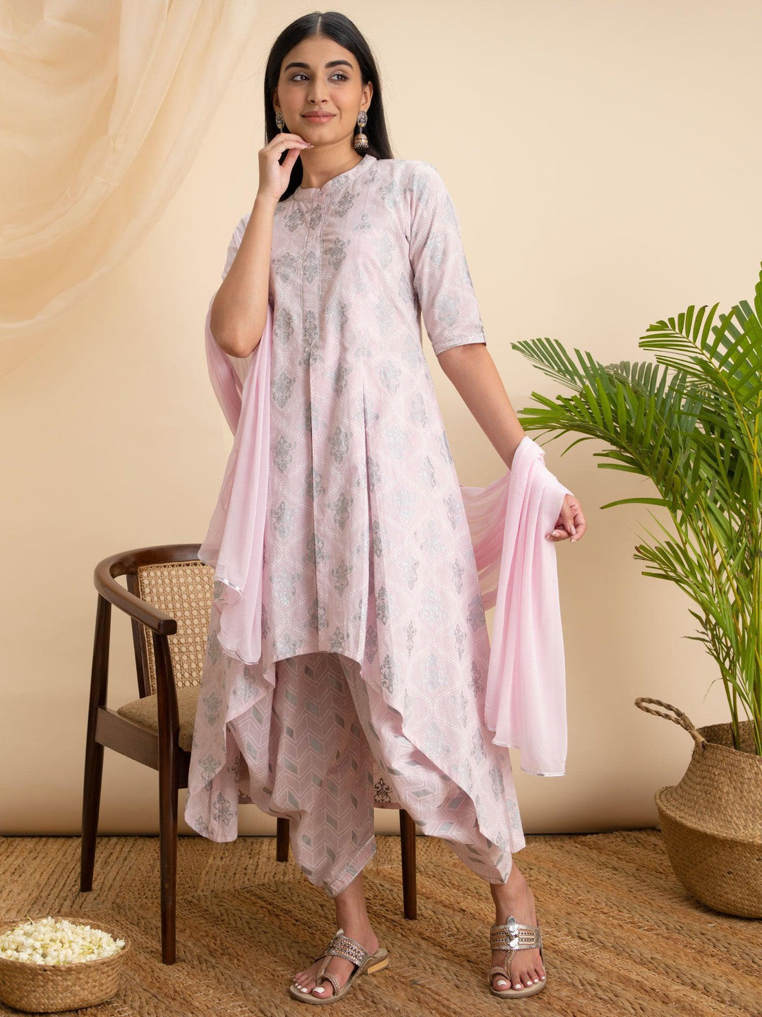 Pink Printed Cotton A-Line Suit Set - ShopLibas