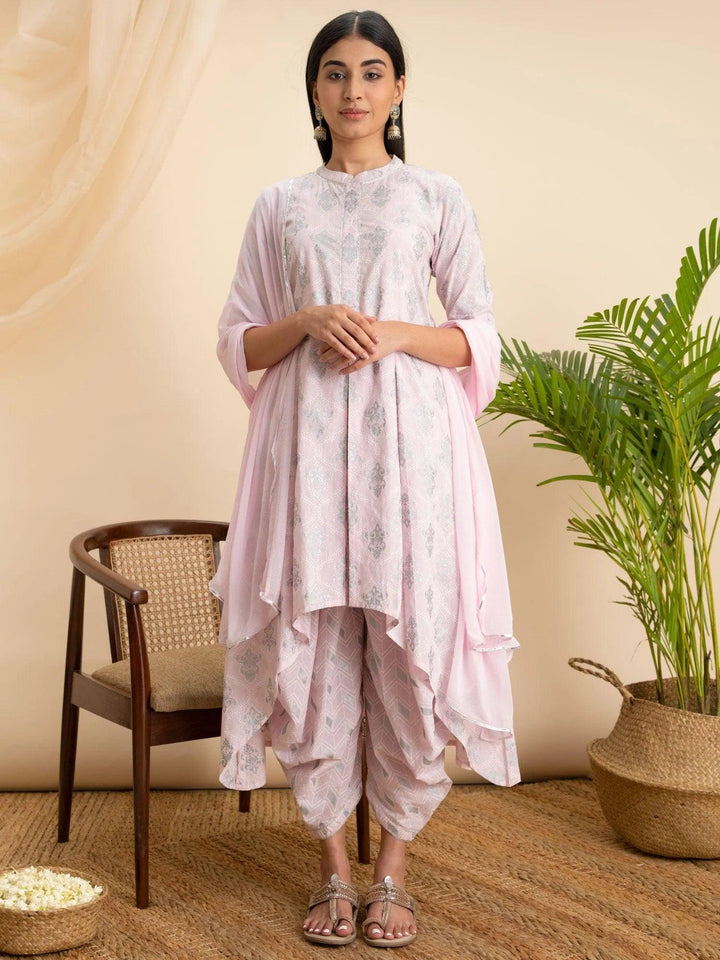 Pink Printed Cotton A-Line Suit Set - ShopLibas