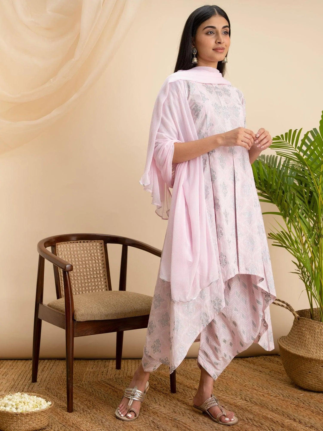 Pink Printed Cotton A-Line Suit Set - ShopLibas