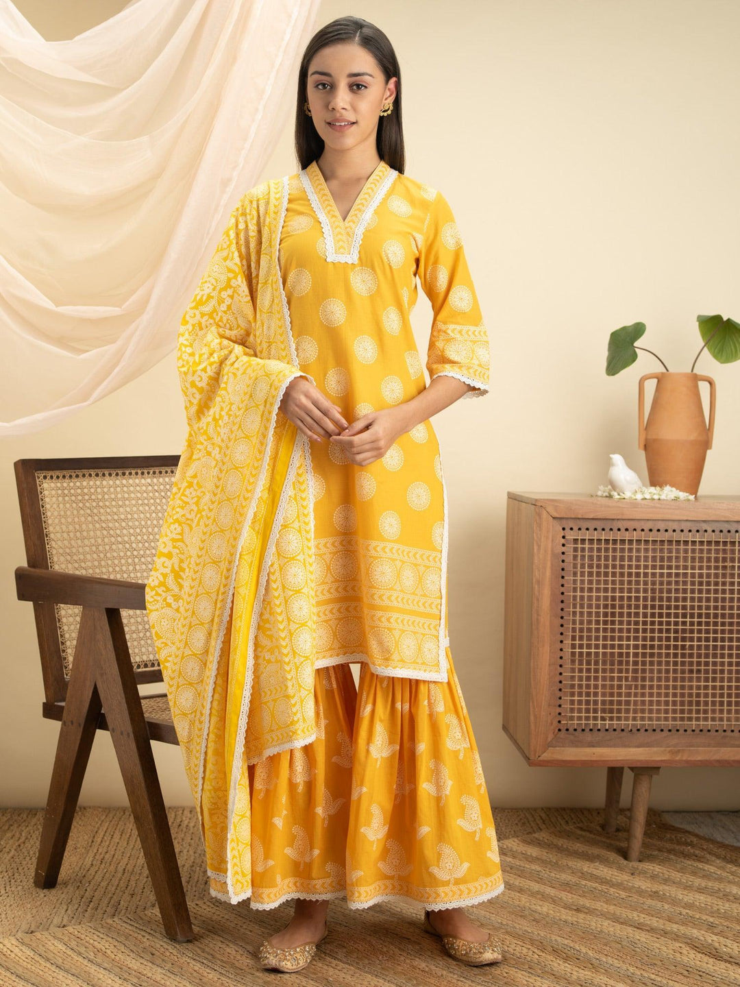 Yellow Printed Cotton Suit Set - ShopLibas