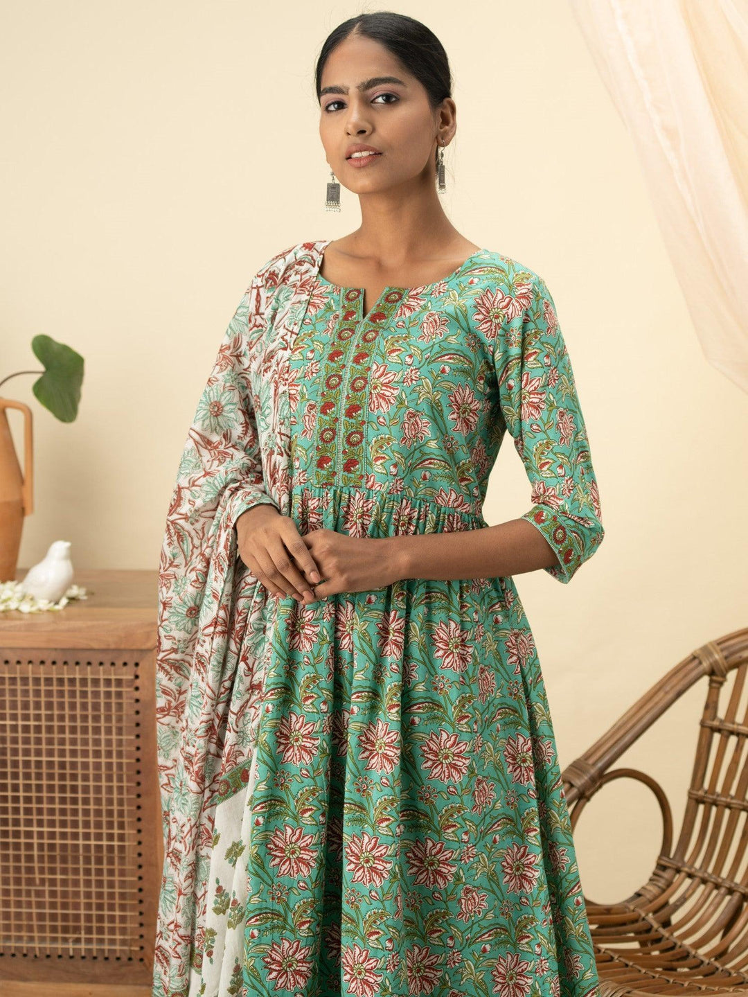 Green Printed Cotton Suit Set - ShopLibas