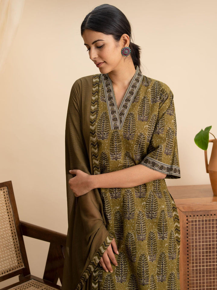 Green Printed Cotton Suit Set - ShopLibas