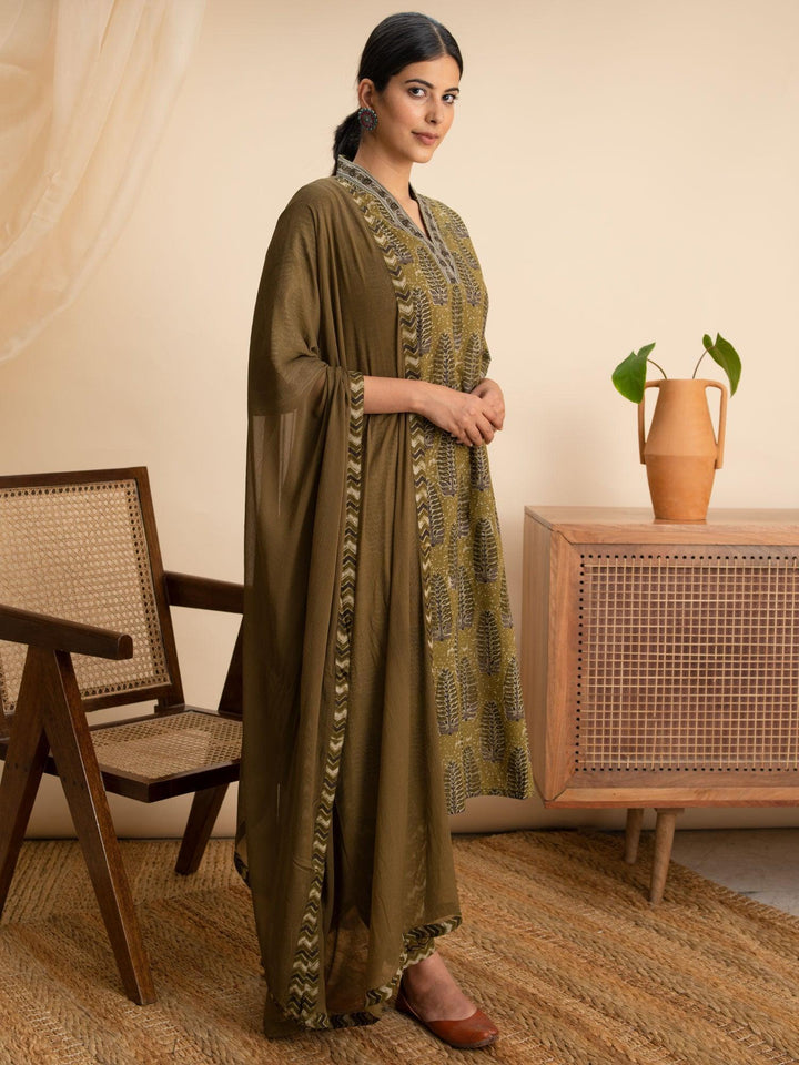 Green Printed Cotton Suit Set - ShopLibas