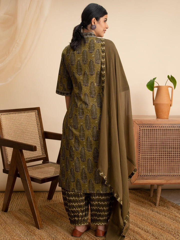 Green Printed Cotton Suit Set - ShopLibas