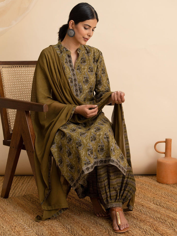 Green Printed Cotton Suit Set - ShopLibas