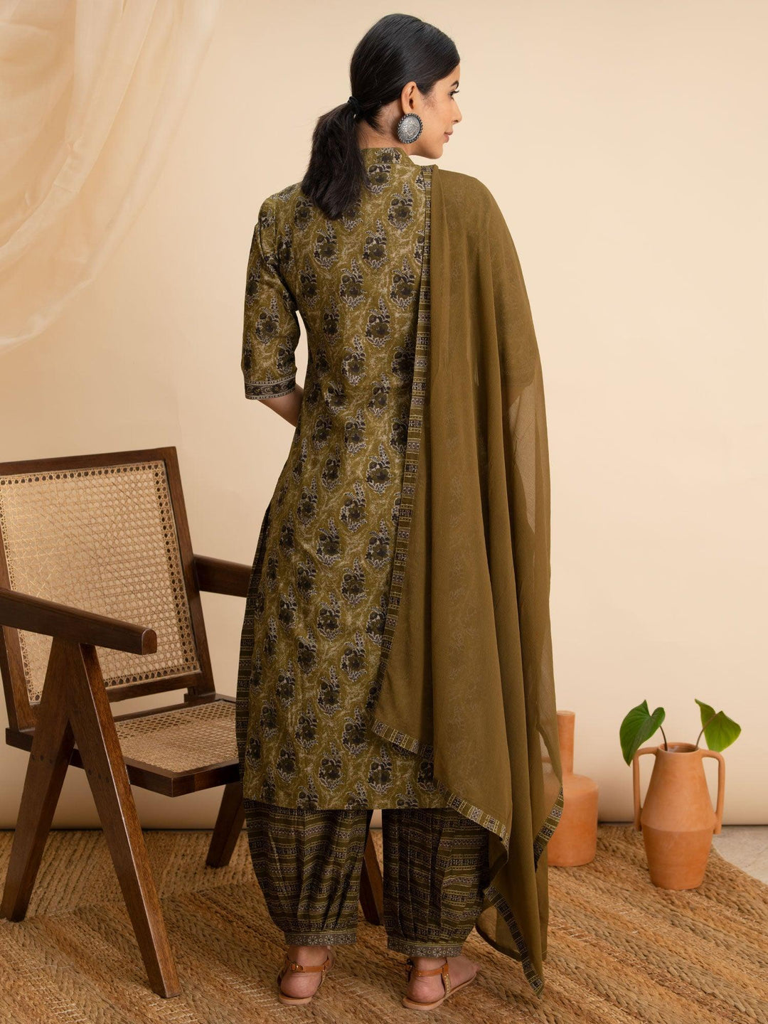 Green Printed Cotton Suit Set - ShopLibas