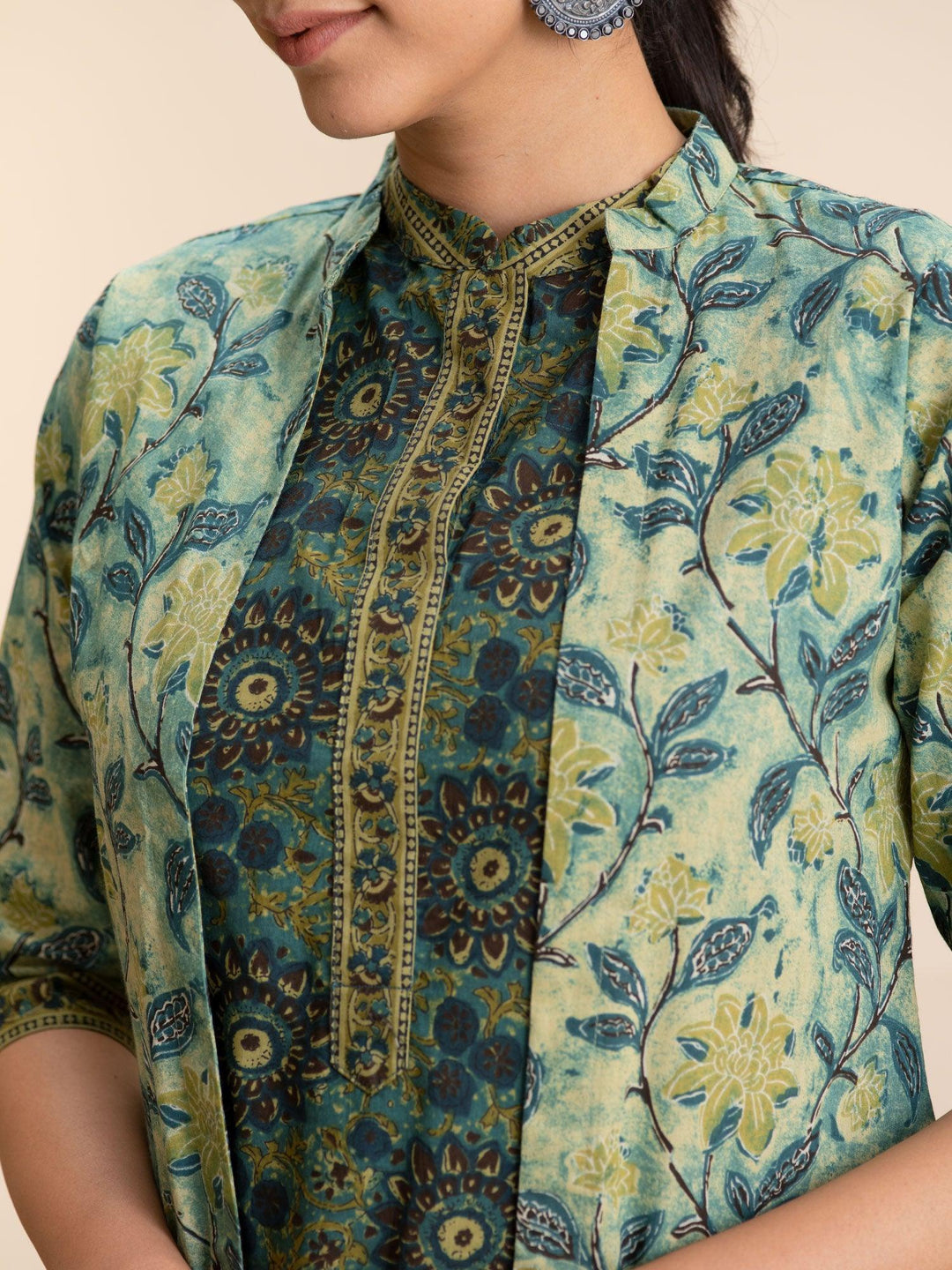 Green Printed Cotton Kurta Set With Shrug - ShopLibas 