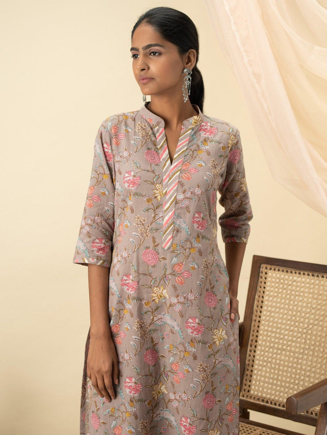 Grey Printed Cotton Kurta Set - ShopLibas 