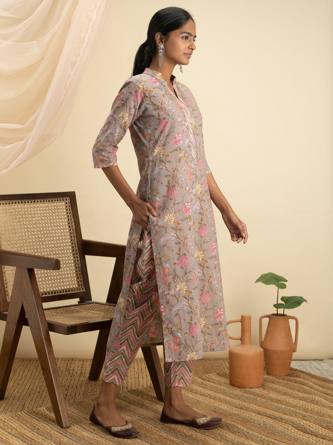 Grey Printed Cotton Kurta Set - ShopLibas 
