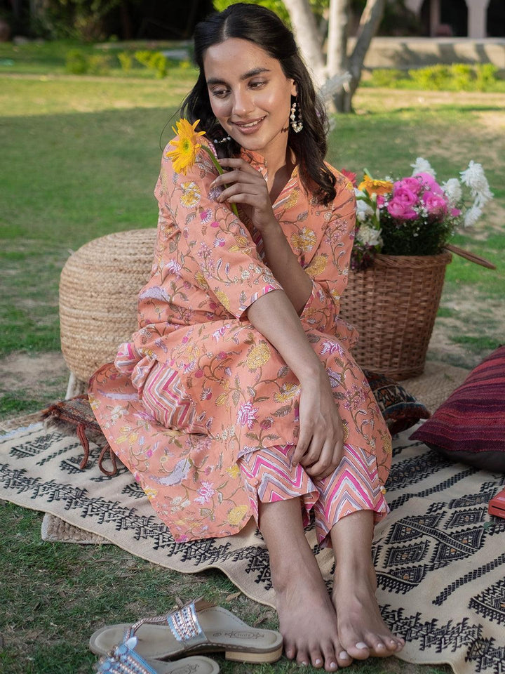 Orange Printed Cotton Kurta Set - ShopLibas