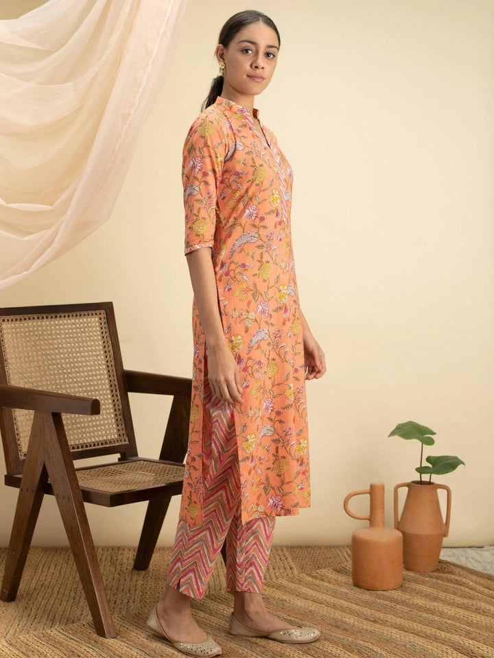 Orange Printed Cotton Kurta Set - ShopLibas