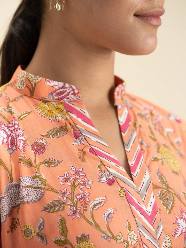 Orange Printed Cotton Kurta Set - ShopLibas