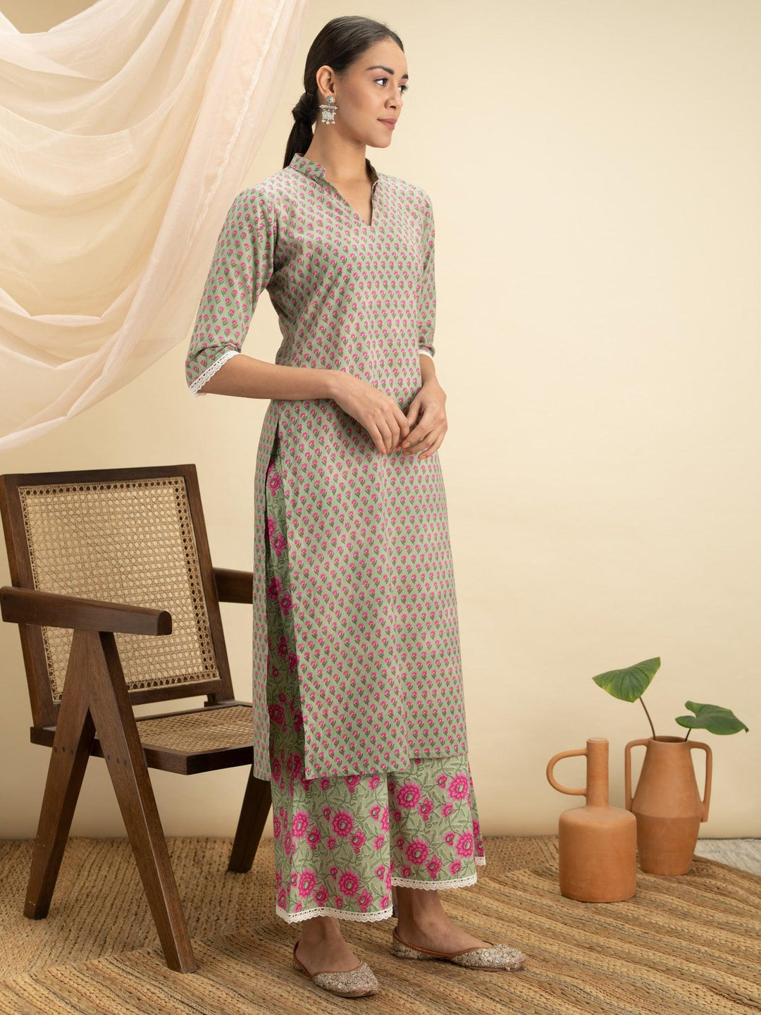 Green Printed Cotton Kurta Set - ShopLibas 